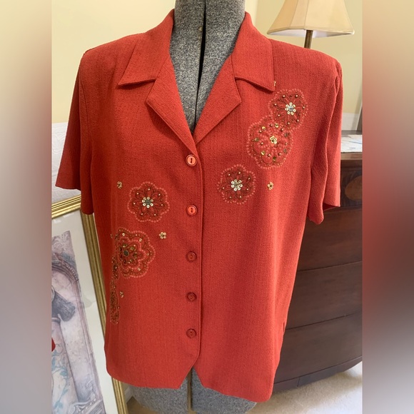 Vintage Alfred Dunner Pants Set Gold Embellished Short Sleeve Top Size 14 P - Picture 3 of 16